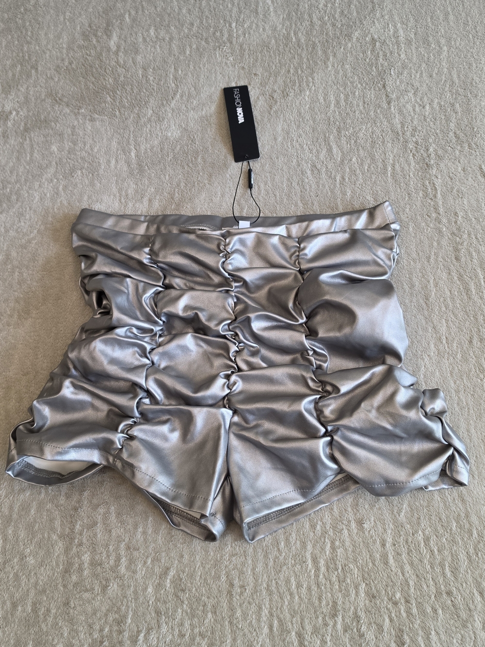 Fashion Nova "His Desire" Metallic Silver Ruched High-Waist Shorts